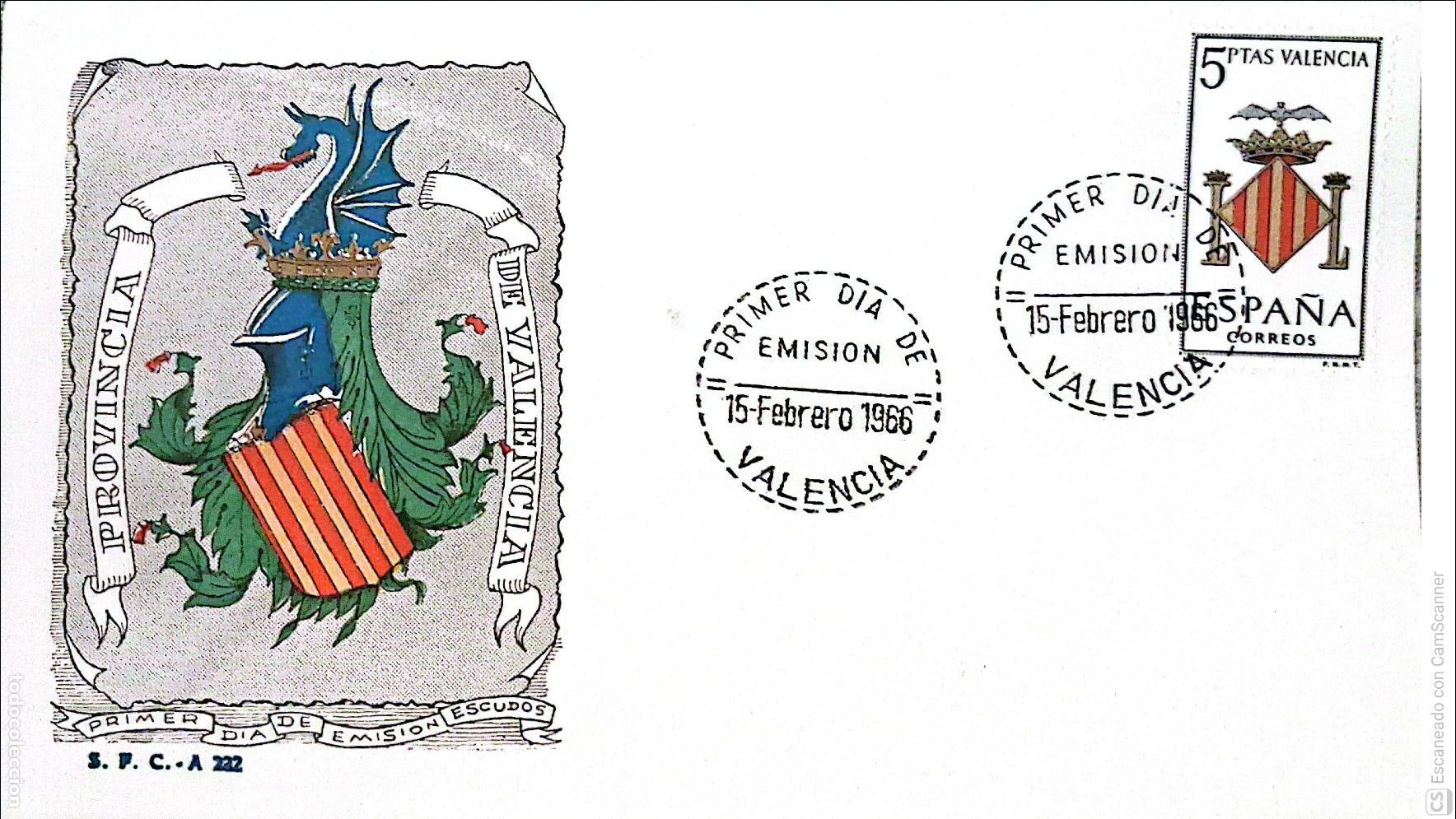 Sellos: Espa&ntilde;a. SPD 1697 Escudo de Valencia. Matasello Primer D&iacute;a 15-Febrero. 1966 Valencia. Numeraci&oacute;n Edif