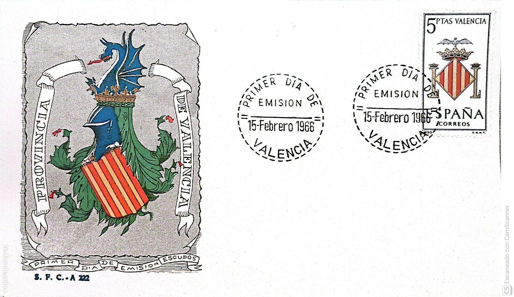 Sellos: Espa&ntilde;a. SPD 1697 Escudo de Valencia. Matasello Primer D&iacute;a 15-Febrero. 1966 Valencia. Numeraci&oacute;n Edif