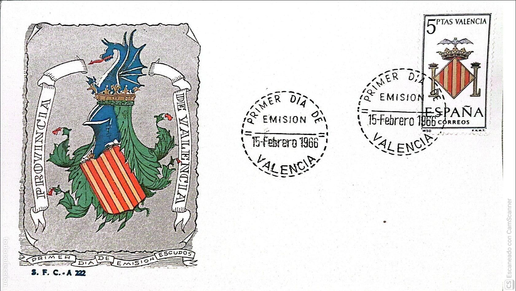 Sellos: Espa&ntilde;a. SPD 1697 Escudo de Valencia. Matasello Primer D&iacute;a 15-Febrero. 1966 Valencia. Numeraci&oacute;n Edif