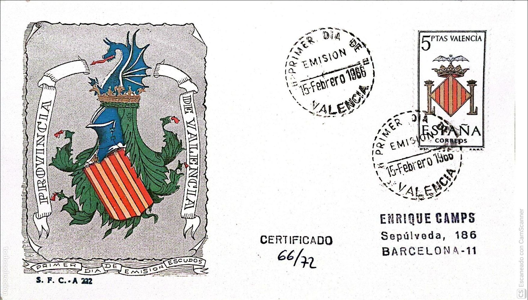 Sellos: Espa&ntilde;a. SPD 1697 Escudo de Valencia. Matasello Primer D&iacute;a 15-Febrero. 1966 Valencia. Numeraci&oacute;n Edif