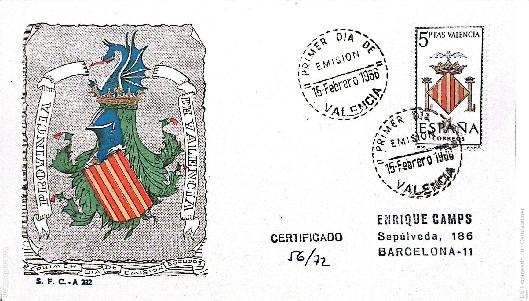 Sellos: Espa&ntilde;a. SPD 1697 Escudo de Valencia. Matasello Primer D&iacute;a 15-Febrero. 1966 Valencia. Numeraci&oacute;n Edif