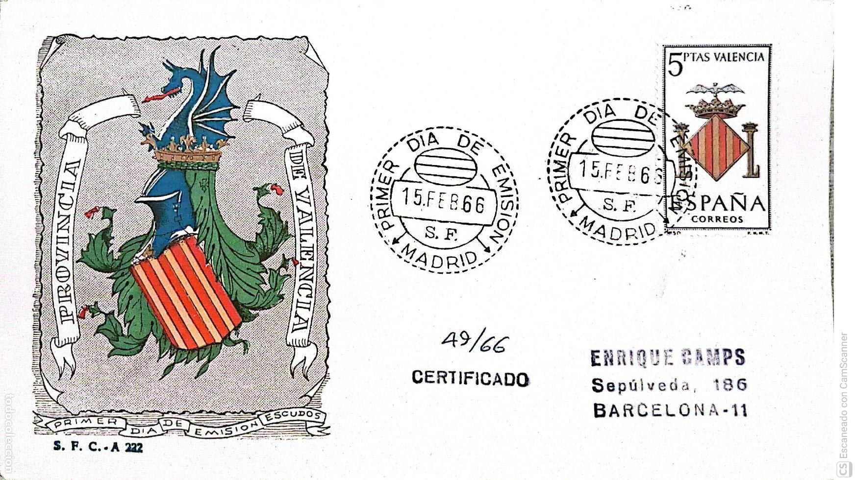 Sellos: Espa&ntilde;a. SPD 1697 Escudo de Valencia. Matasello Primer D&iacute;a 15-Febrero. 1966 Madrid. Numeraci&oacute;n Edifi