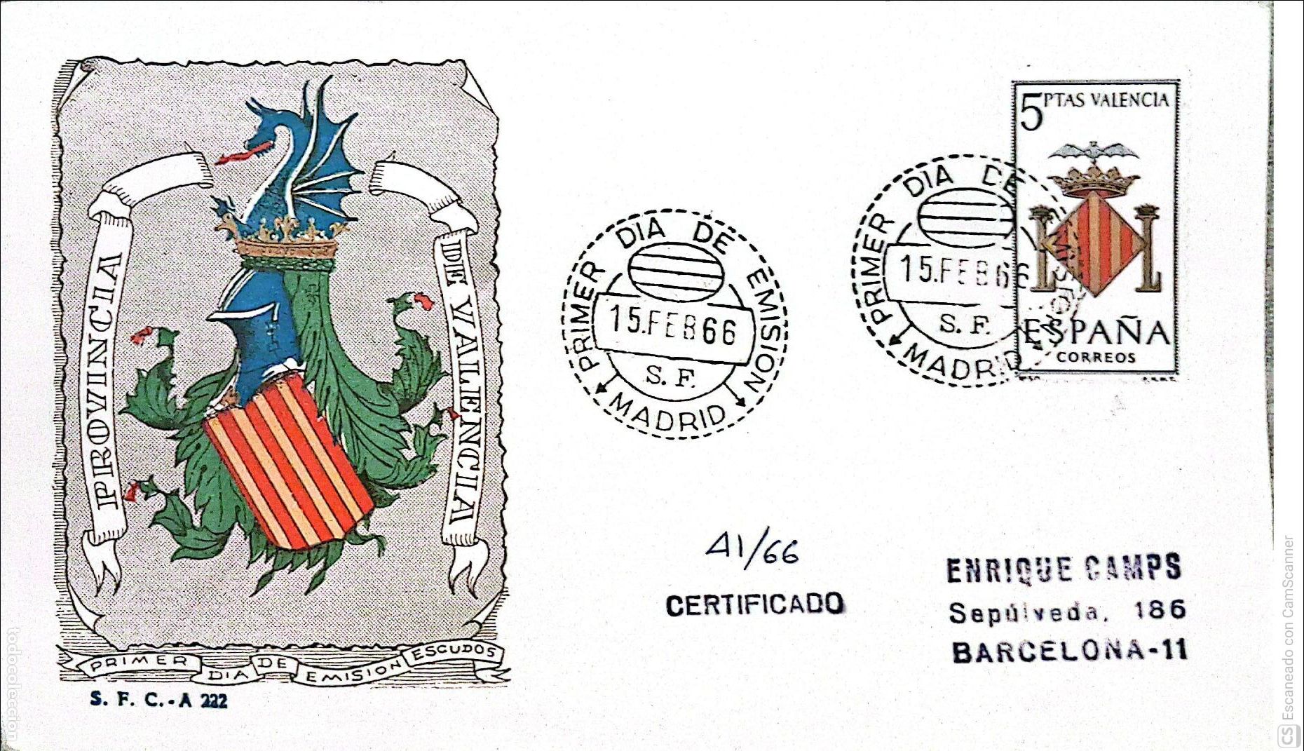 Sellos: Espa&ntilde;a. SPD 1697 Escudo de Valencia. Matasello Primer D&iacute;a 15-Febrero. 1966 Madrid. Numeraci&oacute;n Edifi