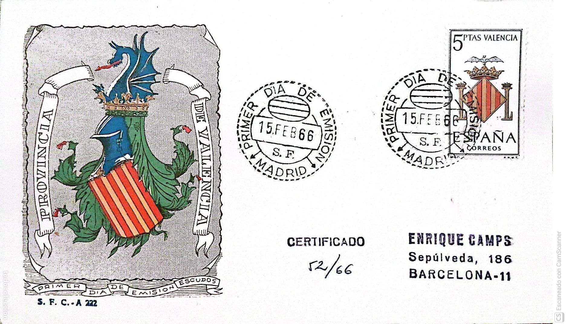 Sellos: Espa&ntilde;a. SPD 1697 Escudo de Valencia. Matasello Primer D&iacute;a 15-Febrero. 1966 Madrid. Numeraci&oacute;n Edifi