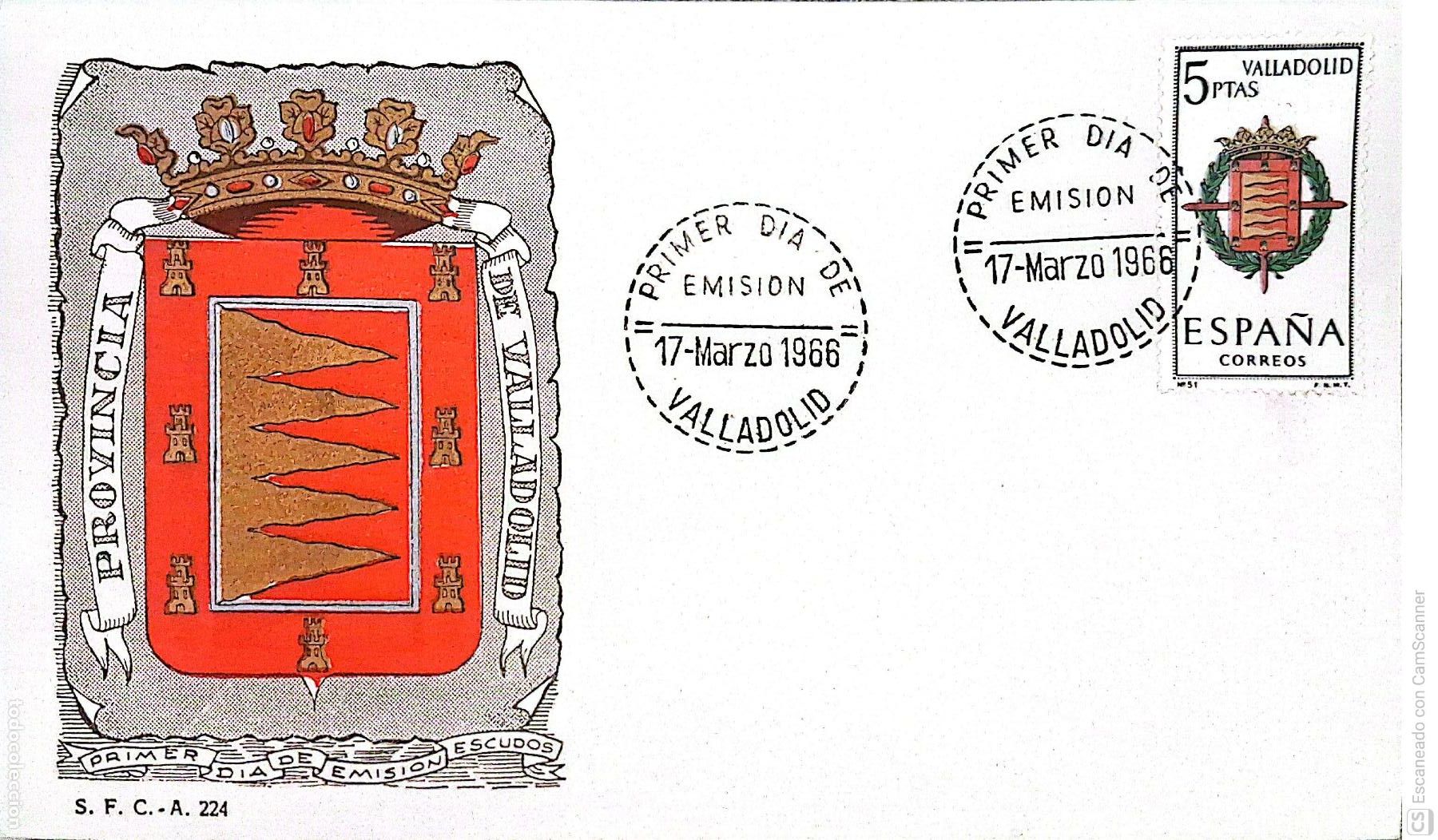 Sellos: Espa&ntilde;a. SPD 1698 Escudo de Valladolid. Matasello Primer D&iacute;a 17-Marzo. 1966 Valladolid. Numeraci&oacute;n Ed