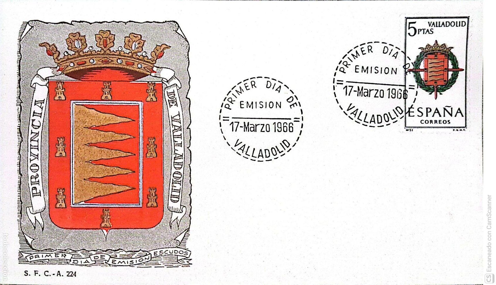 Sellos: Espa&ntilde;a. SPD 1698 Escudo de Valladolid. Matasello Primer D&iacute;a 17-Marzo. 1966 Valladolid. Numeraci&oacute;n Ed