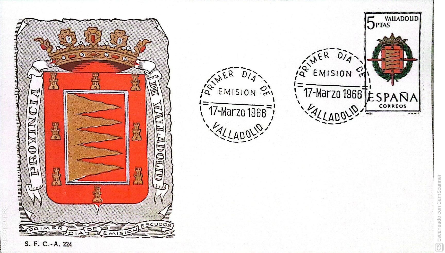 Sellos: Espa&ntilde;a. SPD 1698 Escudo de Valladolid. Matasello Primer D&iacute;a 17-Marzo. 1966 Valladolid. Numeraci&oacute;n Ed