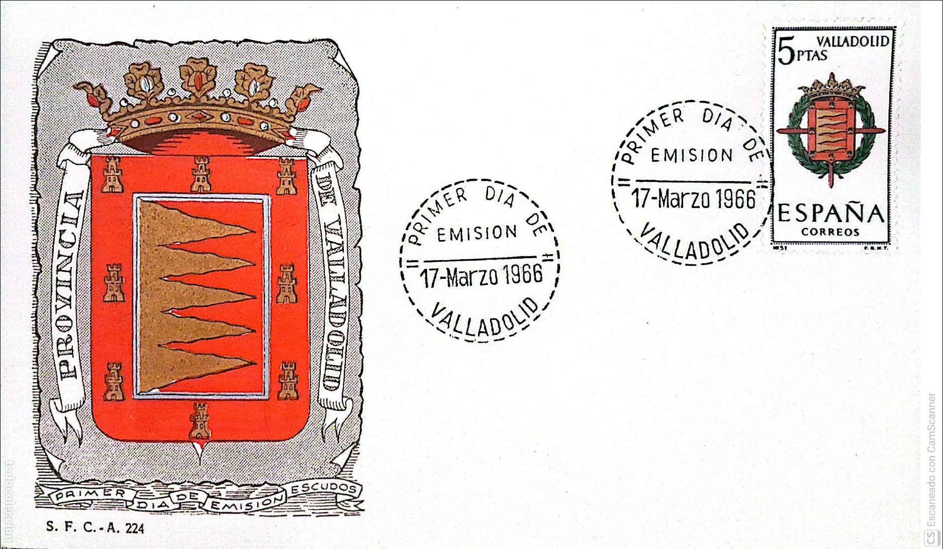 Sellos: Espa&ntilde;a. SPD 1698 Escudo de Valladolid. Matasello Primer D&iacute;a 17-Marzo. 1966 Valladolid. Numeraci&oacute;n Ed