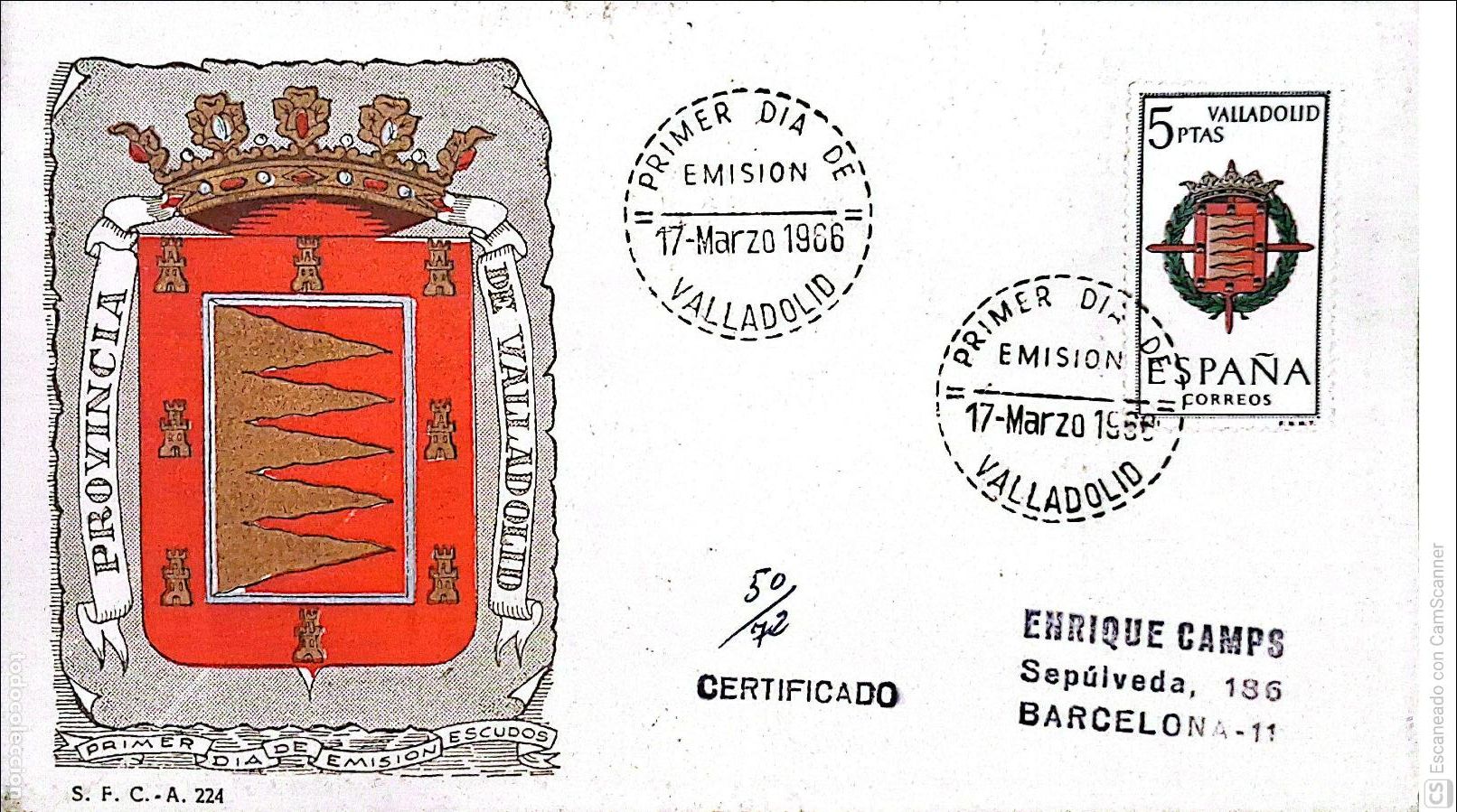 Sellos: Espa&ntilde;a. SPD 1698 Escudo de Valladolid. Matasello Primer D&iacute;a 17-Marzo. 1966 Valladolid. Numeraci&oacute;n Ed