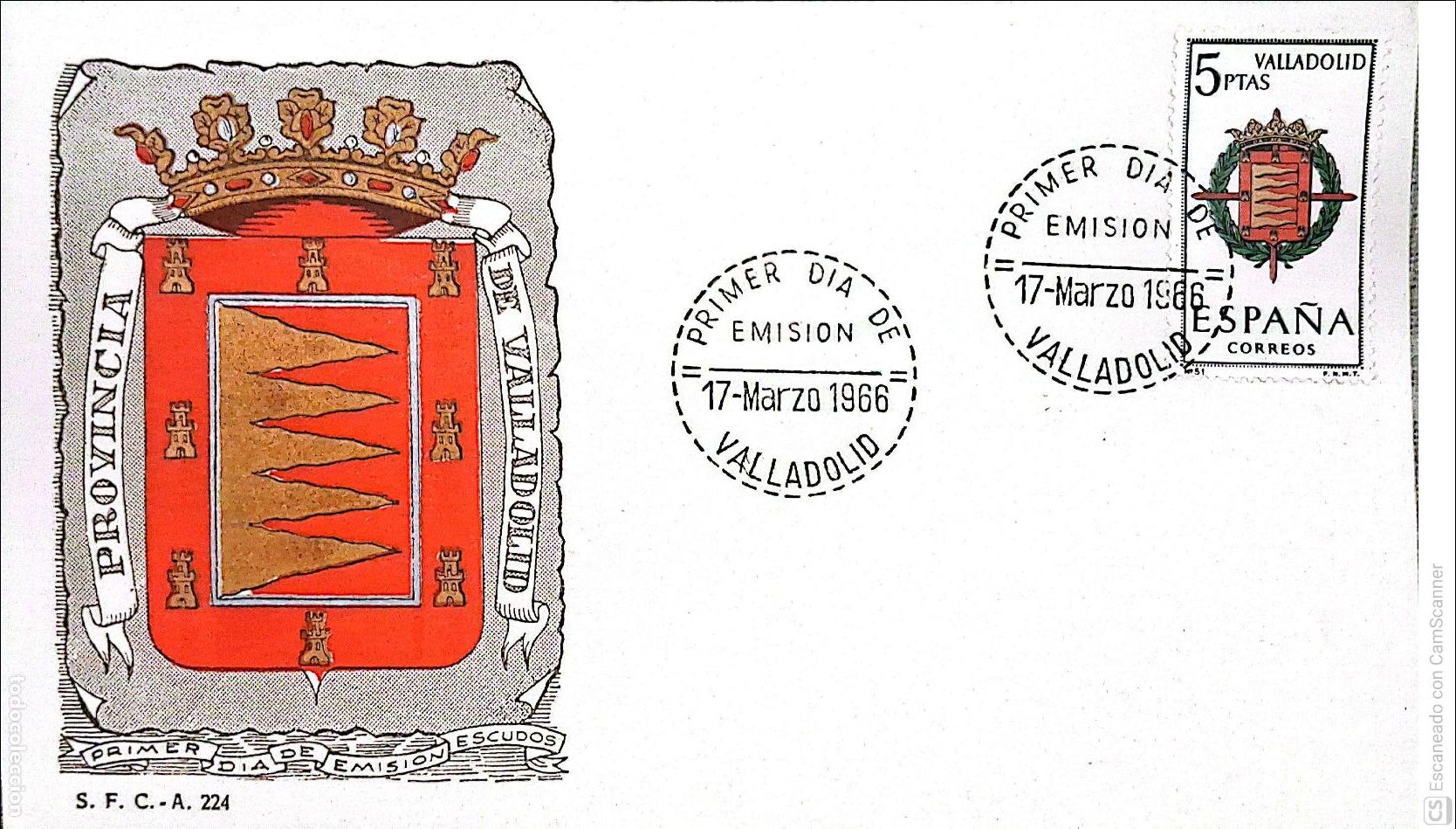 Sellos: Espa&ntilde;a. SPD 1698 Escudo de Valladolid. Matasello Primer D&iacute;a 17-Marzo. 1966 Valladolid. Numeraci&oacute;n Ed