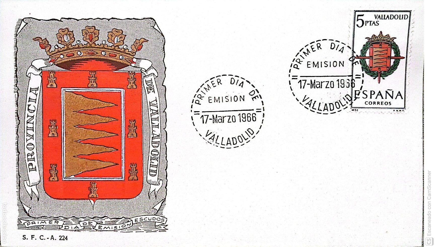 Sellos: Espa&ntilde;a. SPD 1698 Escudo de Valladolid. Matasello Primer D&iacute;a 17-Marzo. 1966 Valladolid. Numeraci&oacute;n Ed