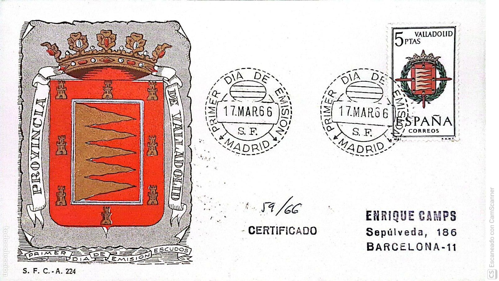 Sellos: Espa&ntilde;a. SPD 1698 Escudo de Valladolid. Matasello Primer D&iacute;a 17-Marzo. 1966 Valladolid. Numeraci&oacute;n Ed