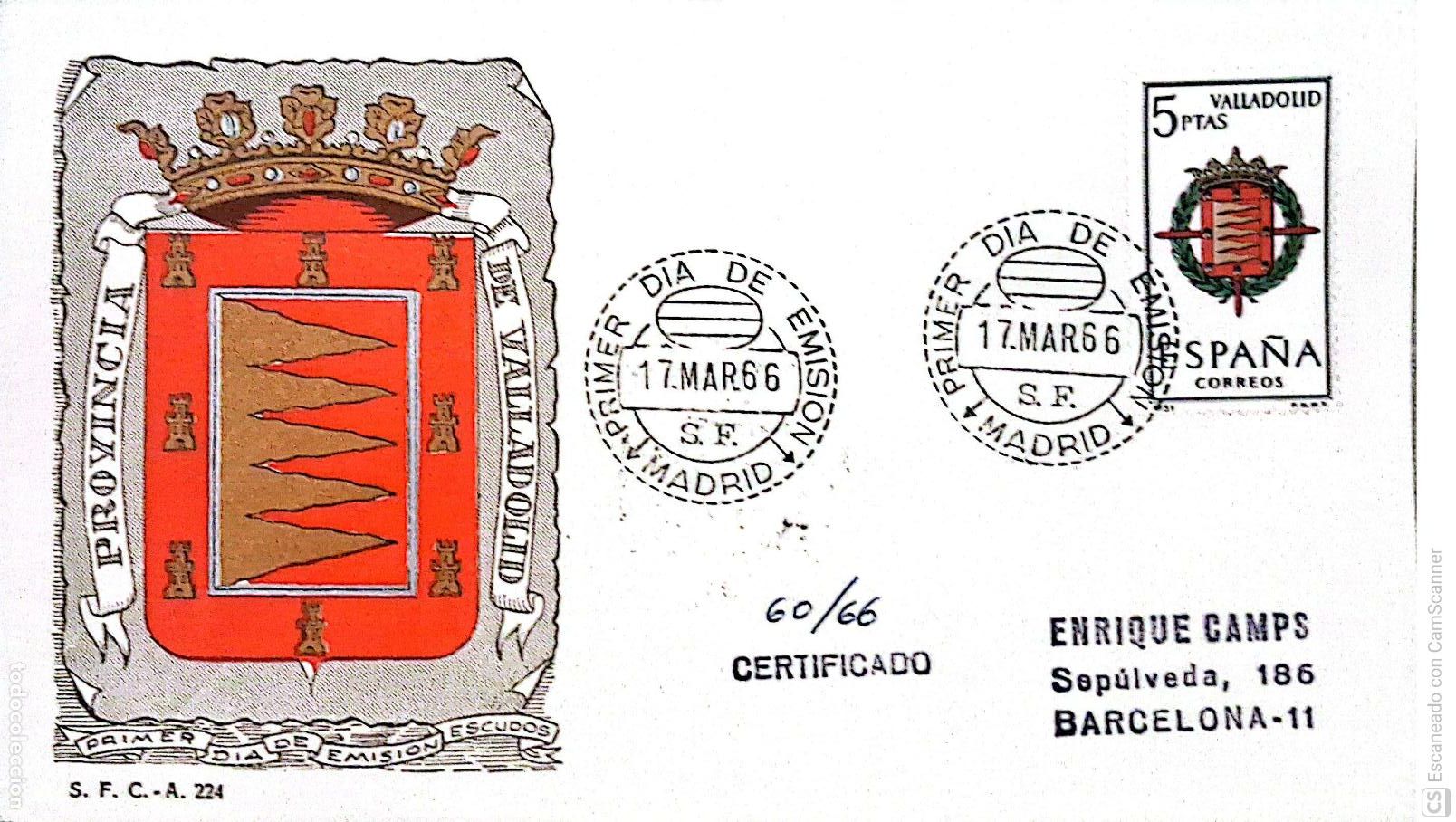 Sellos: Espa&ntilde;a. SPD 1698 Escudo de Valladolid. Matasello Primer D&iacute;a 17-Marzo. 1966 Madrid. Numeraci&oacute;ni&oacute;n Ed