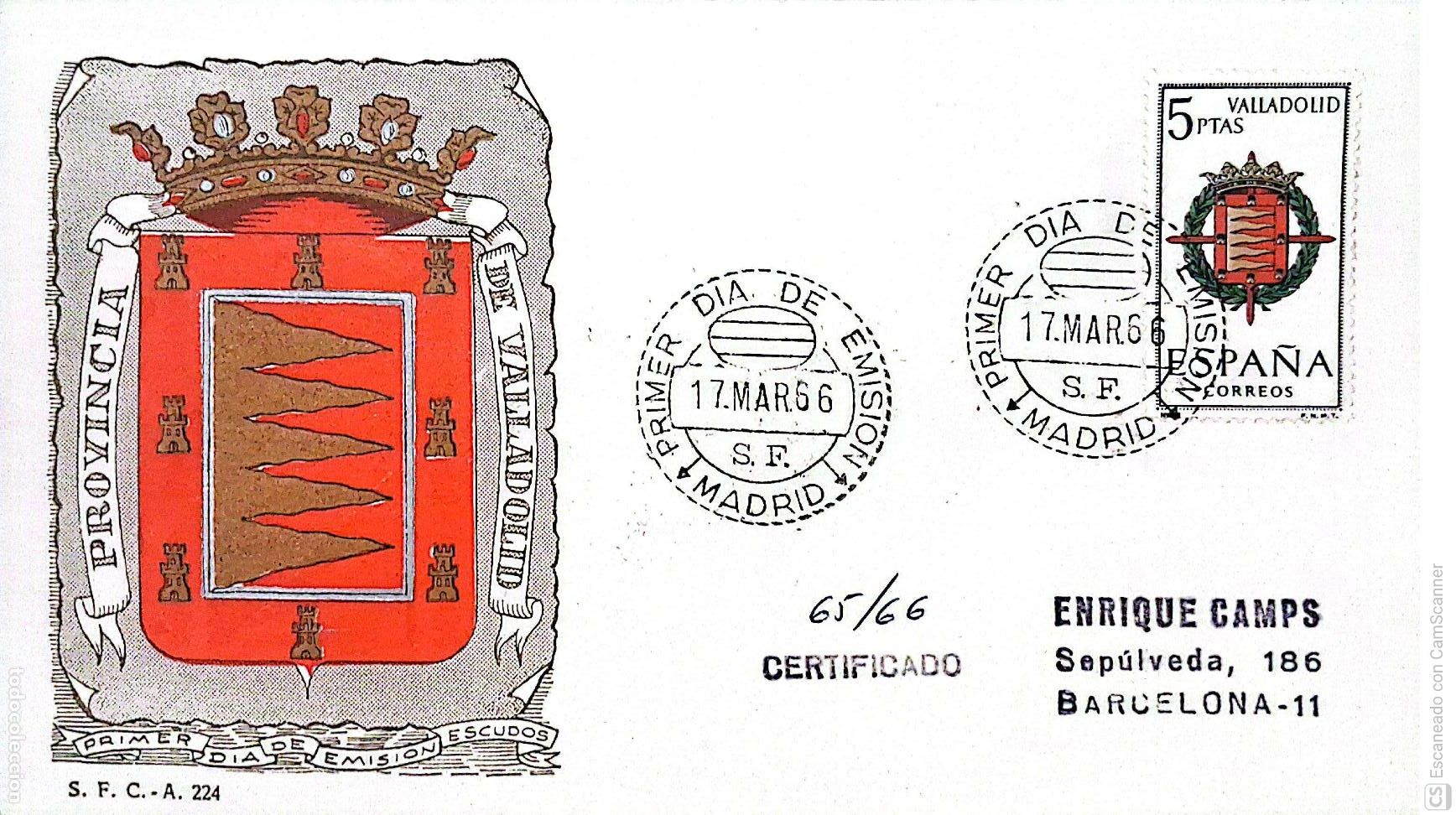 Sellos: Espa&ntilde;a. SPD 1698 Escudo de Valladolid. Matasello Primer D&iacute;a 17-Marzo. 1966 Madrid. Numeraci&oacute;ni&oacute;n Ed
