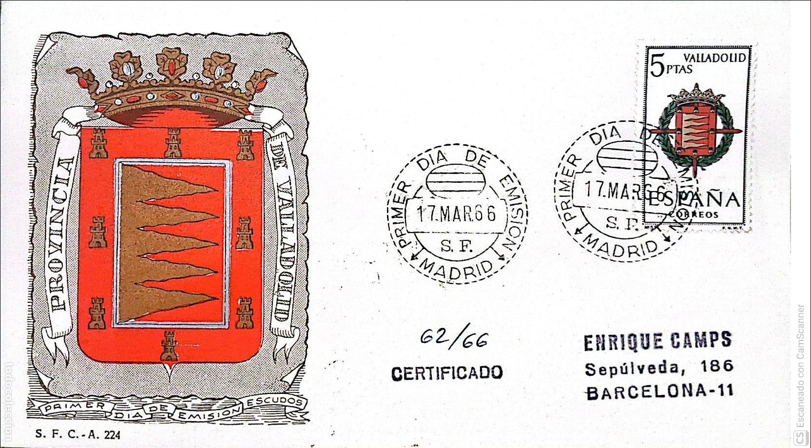 Sellos: Espa&ntilde;a. SPD 1698 Escudo de Valladolid. Matasello Primer D&iacute;a 17-Marzo. 1966 Madrid. Numeraci&oacute;ni&oacute;n Ed