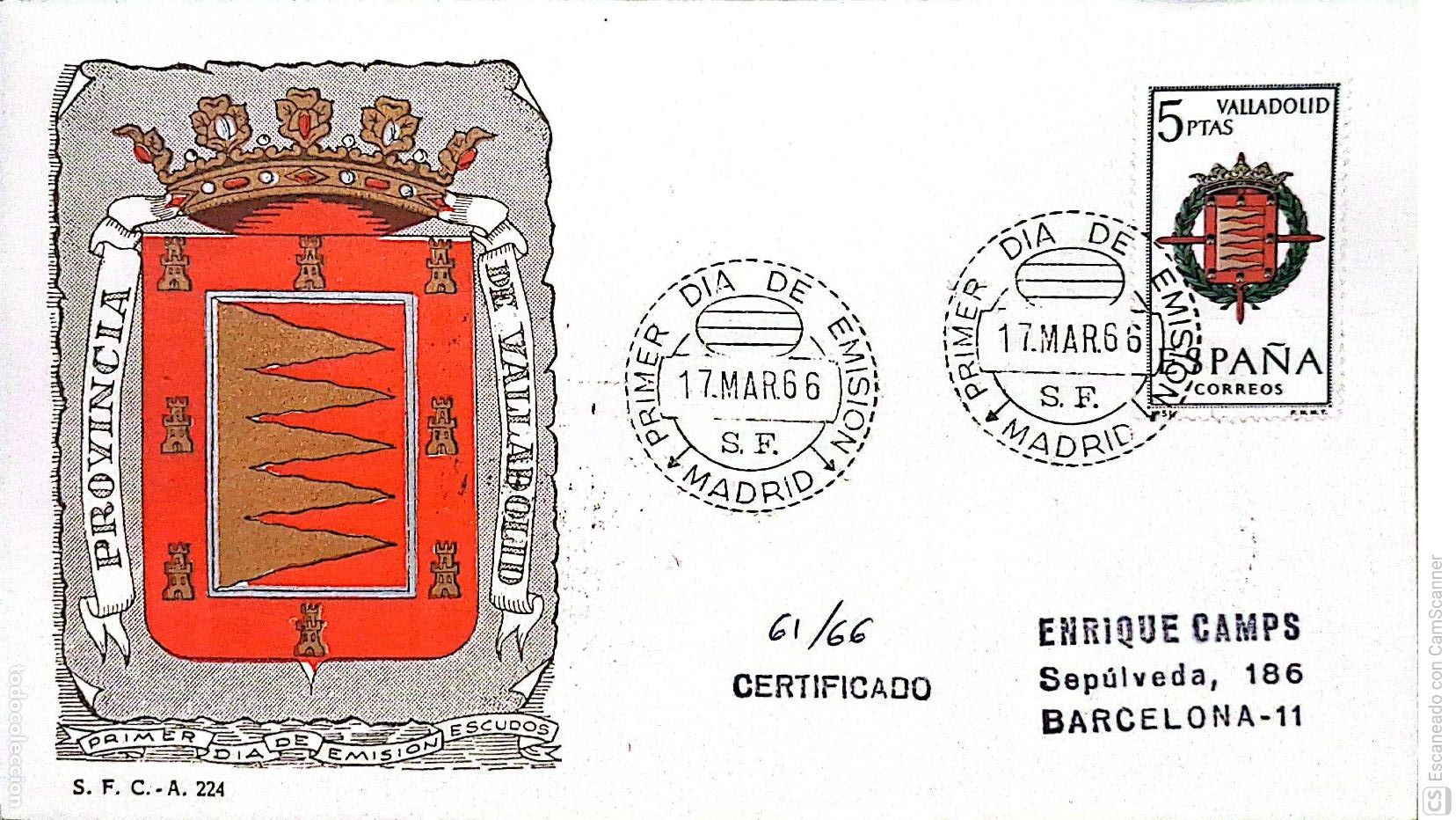 Sellos: Espa&ntilde;a. SPD 1698 Escudo de Valladolid. Matasello Primer D&iacute;a 17-Marzo. 1966 Madrid. Numeraci&oacute;ni&oacute;n Ed
