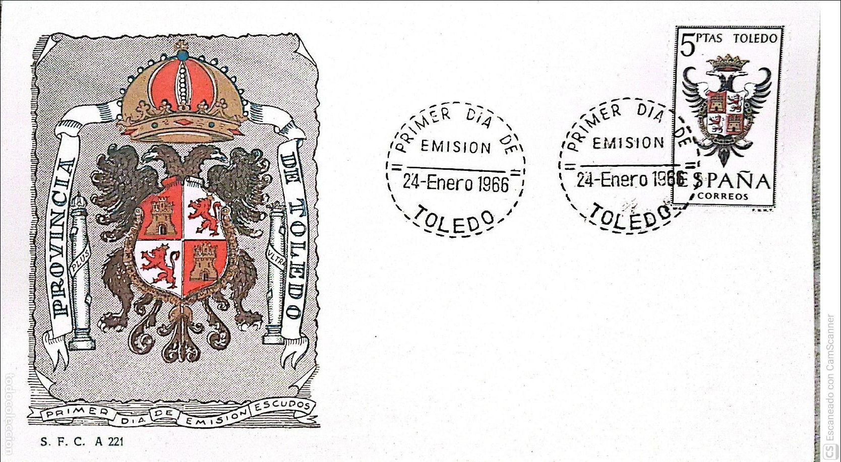 Sellos: Espa&ntilde;a. SPD 1696 Escudo de Toledo. Matasello Primer D&iacute;a 24-Enero. 1966 Toledo. Numeraci&oacute;n Edifil.