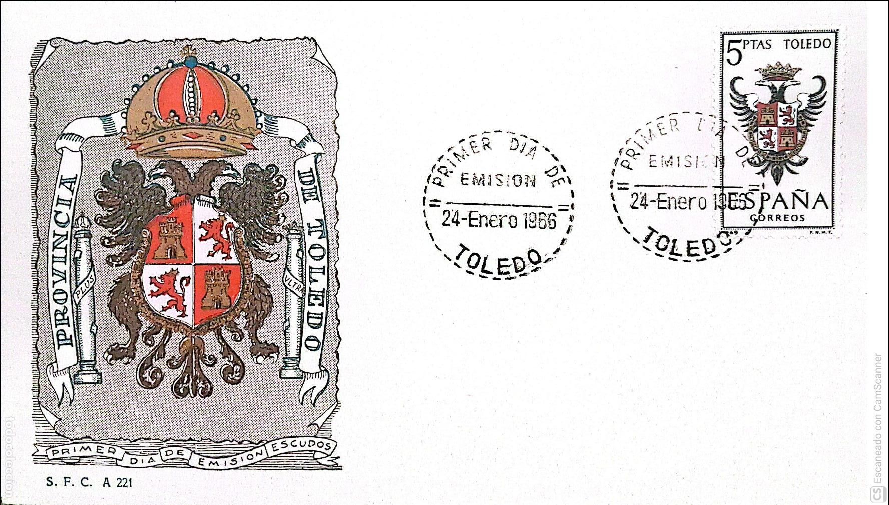 Sellos: Espa&ntilde;a. SPD 1696 Escudo de Toledo. Matasello Primer D&iacute;a 24-Enero. 1966 Toledo. Numeraci&oacute;n Edifil.