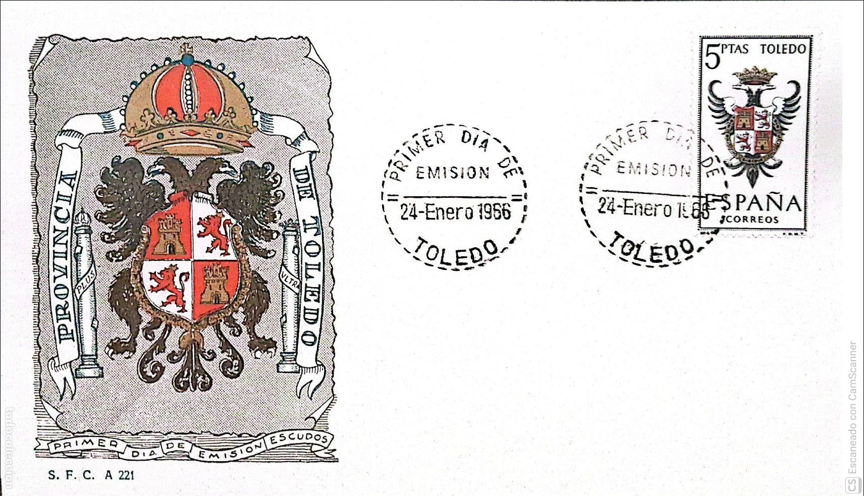 Sellos: Espa&ntilde;a. SPD 1696 Escudo de Toledo. Matasello Primer D&iacute;a 24-Enero. 1966 Toledo. Numeraci&oacute;n Edifil.