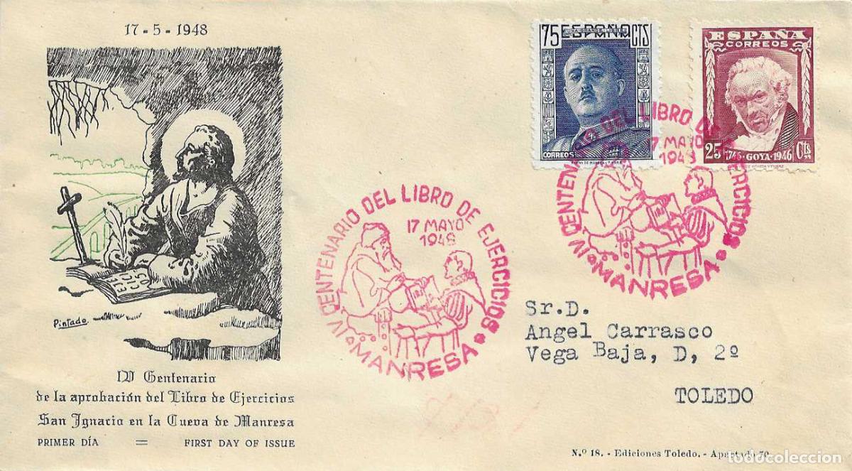 Sellos: SAN IGNACIO DE LOYOLA LIBRO EJERCICIOS IV CENTENARIO, MANRESA 1948 MATASELLOS SOBRE CIRCULADO ET RWR