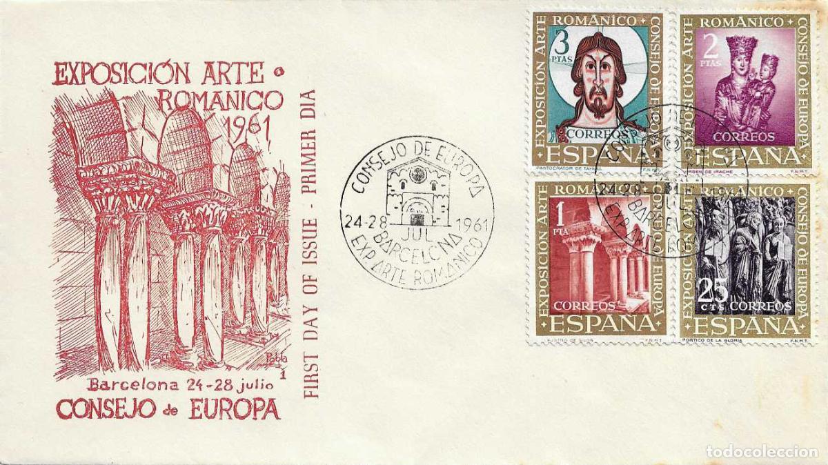 Sellos: ARTE ROMANICO CONSEJO EUROPA VII EXPOSICION, BARCELONA 1961 MATASELLOS RARO SOBRE ILUSTRADO RELIGION