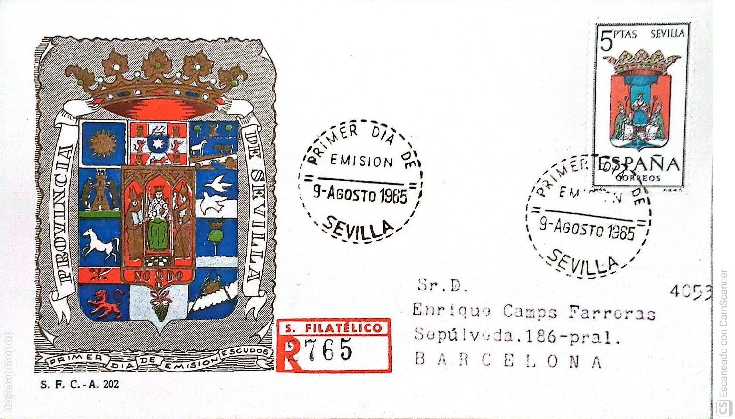 Sellos: Espa&ntilde;a. SPD 1638 Escudo de Sevilla. Matasello Primer D&iacute;a 9-Agosto. 1965 Sevilla. Numeraci&oacute;n Edifil.