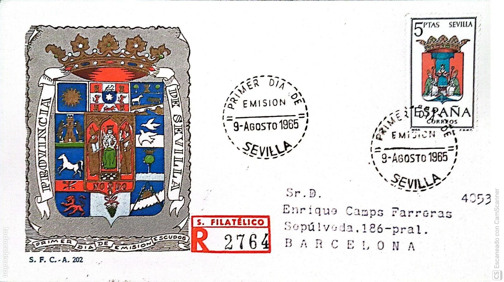 Sellos: Espa&ntilde;a. SPD 1638 Escudo de Sevilla. Matasello Primer D&iacute;a 9-Agosto. 1965 Sevilla. Numeraci&oacute;n Edifil.