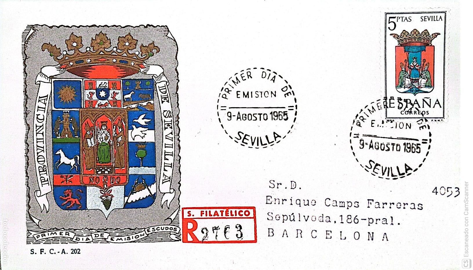 Sellos: Espa&ntilde;a. SPD 1638 Escudo de Sevilla. Matasello Primer D&iacute;a 9-Agosto. 1965 Sevilla. Numeraci&oacute;n Edifil.