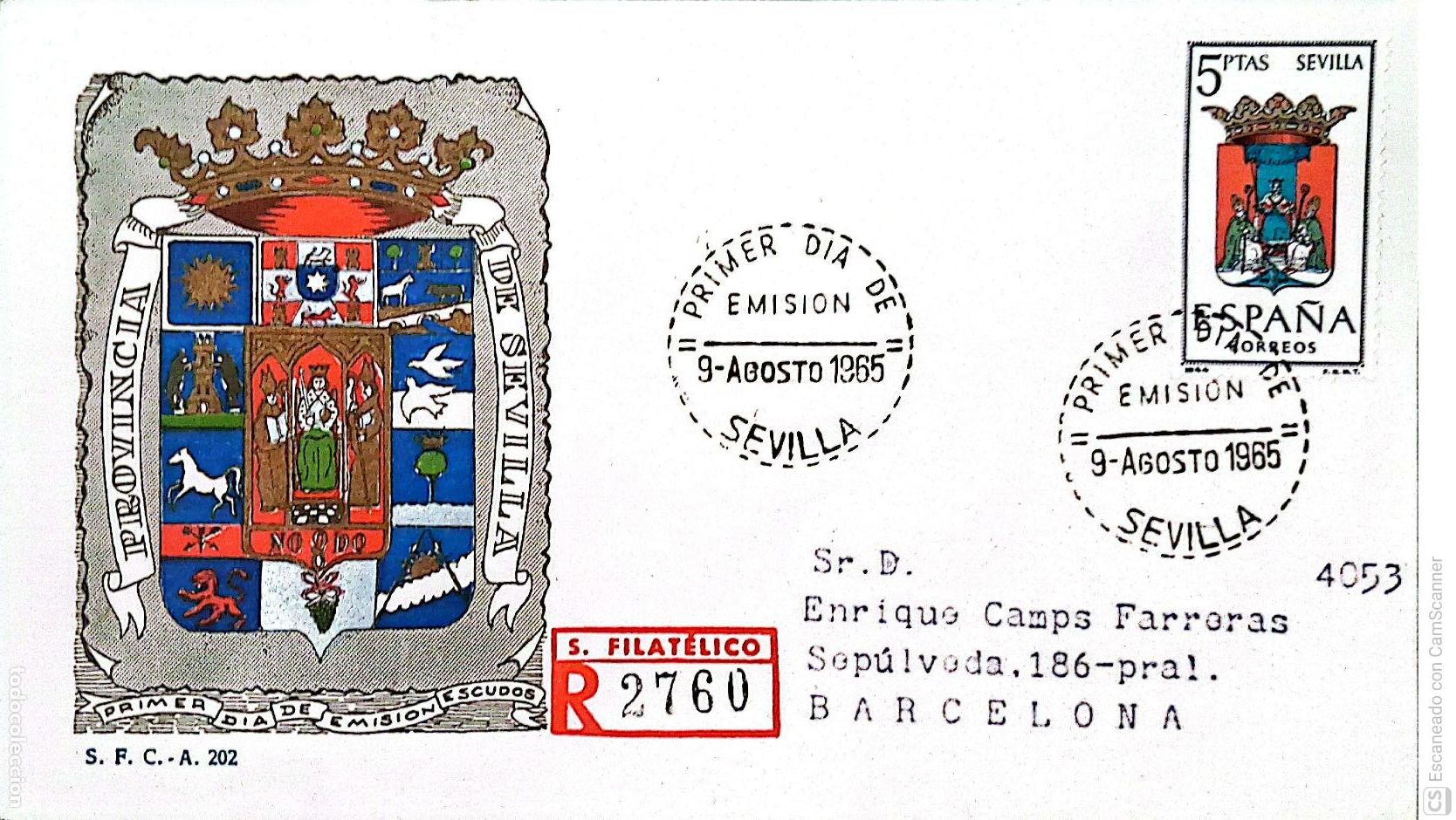 Sellos: Espa&ntilde;a. SPD 1638 Escudo de Sevilla. Matasello Primer D&iacute;a 9-Agosto. 1965 Sevilla. Numeraci&oacute;n Edifil.