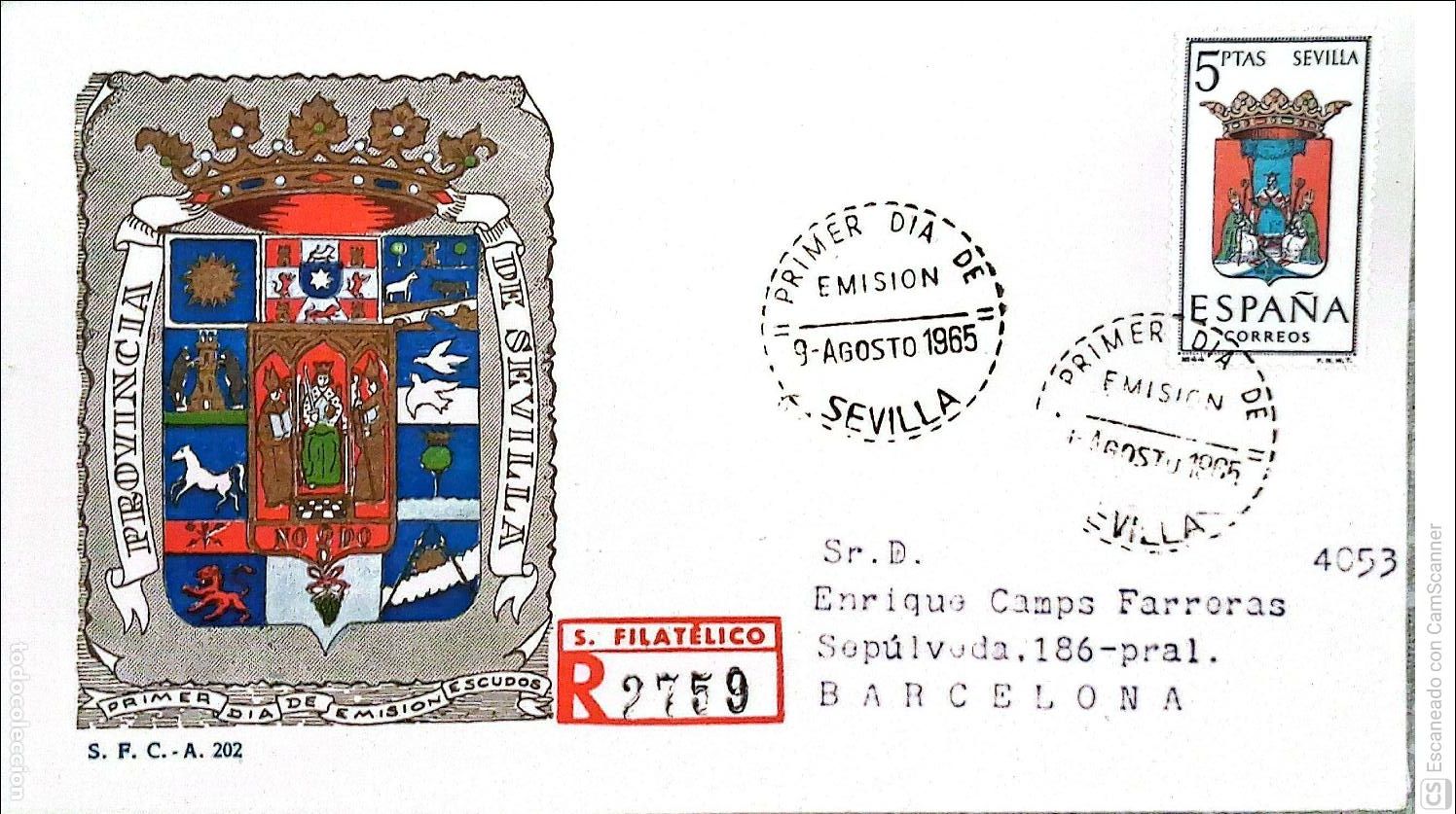 Sellos: Espa&ntilde;a. SPD 1638 Escudo de Sevilla. Matasello Primer D&iacute;a 9-Agosto. 1965 Sevilla. Numeraci&oacute;n Edifil.