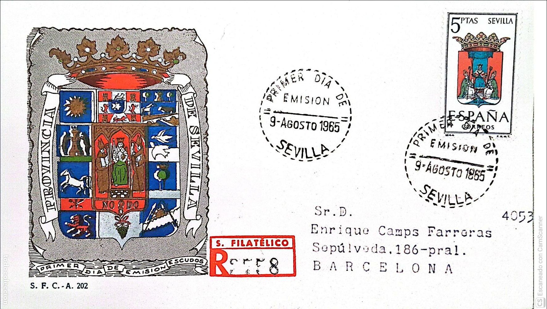 Sellos: Espa&ntilde;a. SPD 1638 Escudo de Sevilla. Matasello Primer D&iacute;a 9-Agosto. 1965 Sevilla. Numeraci&oacute;n Edifil.
