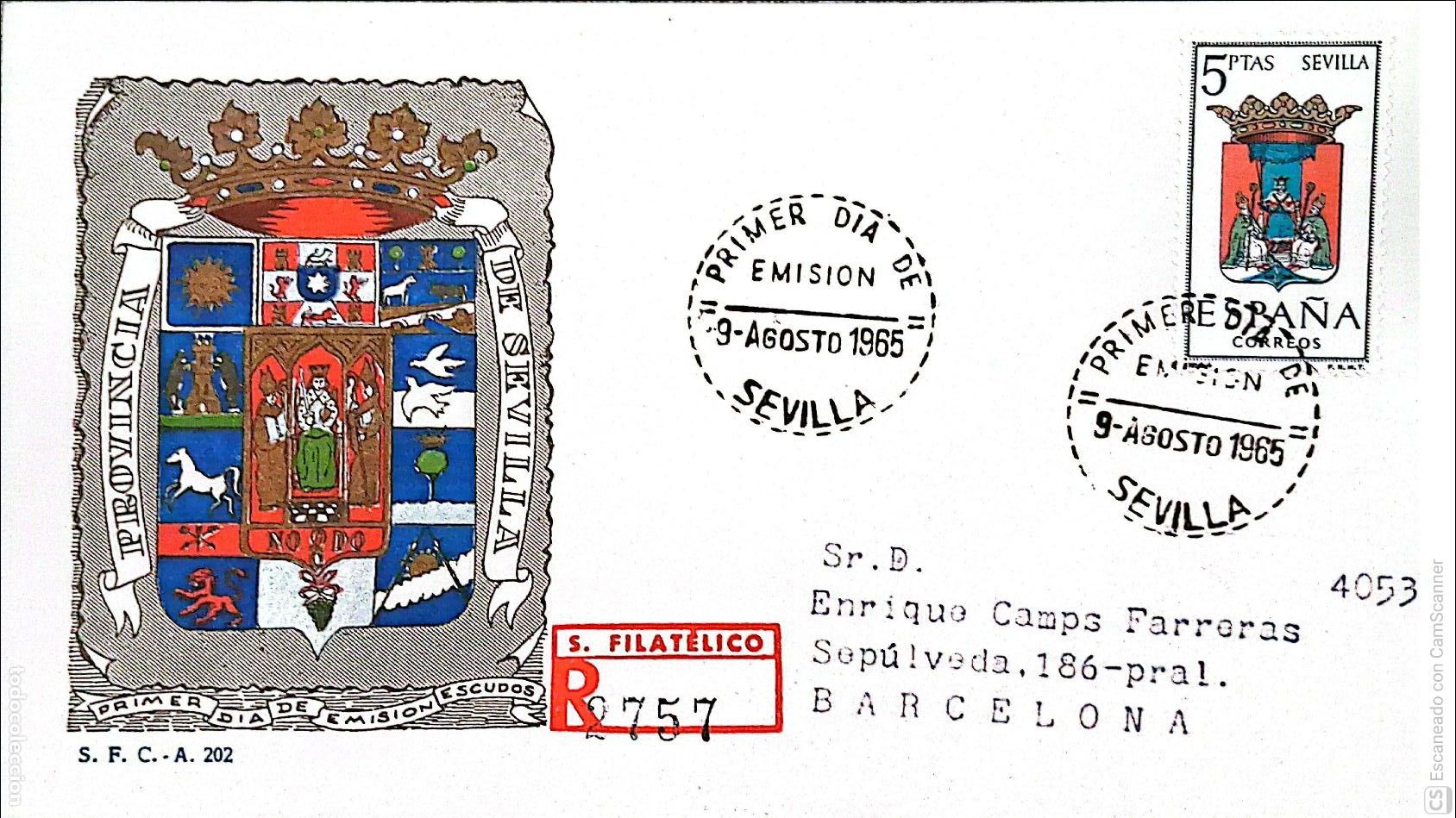 Sellos: Espa&ntilde;a. SPD 1638 Escudo de Sevilla. Matasello Primer D&iacute;a 9-Agosto. 1965 Sevilla. Numeraci&oacute;n Edifil.