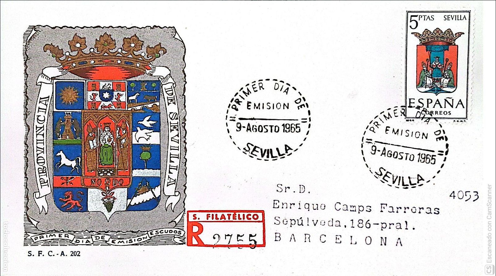 Sellos: Espa&ntilde;a. SPD 1638 Escudo de Sevilla. Matasello Primer D&iacute;a 9-Agosto. 1965 Sevilla. Numeraci&oacute;n Edifil.