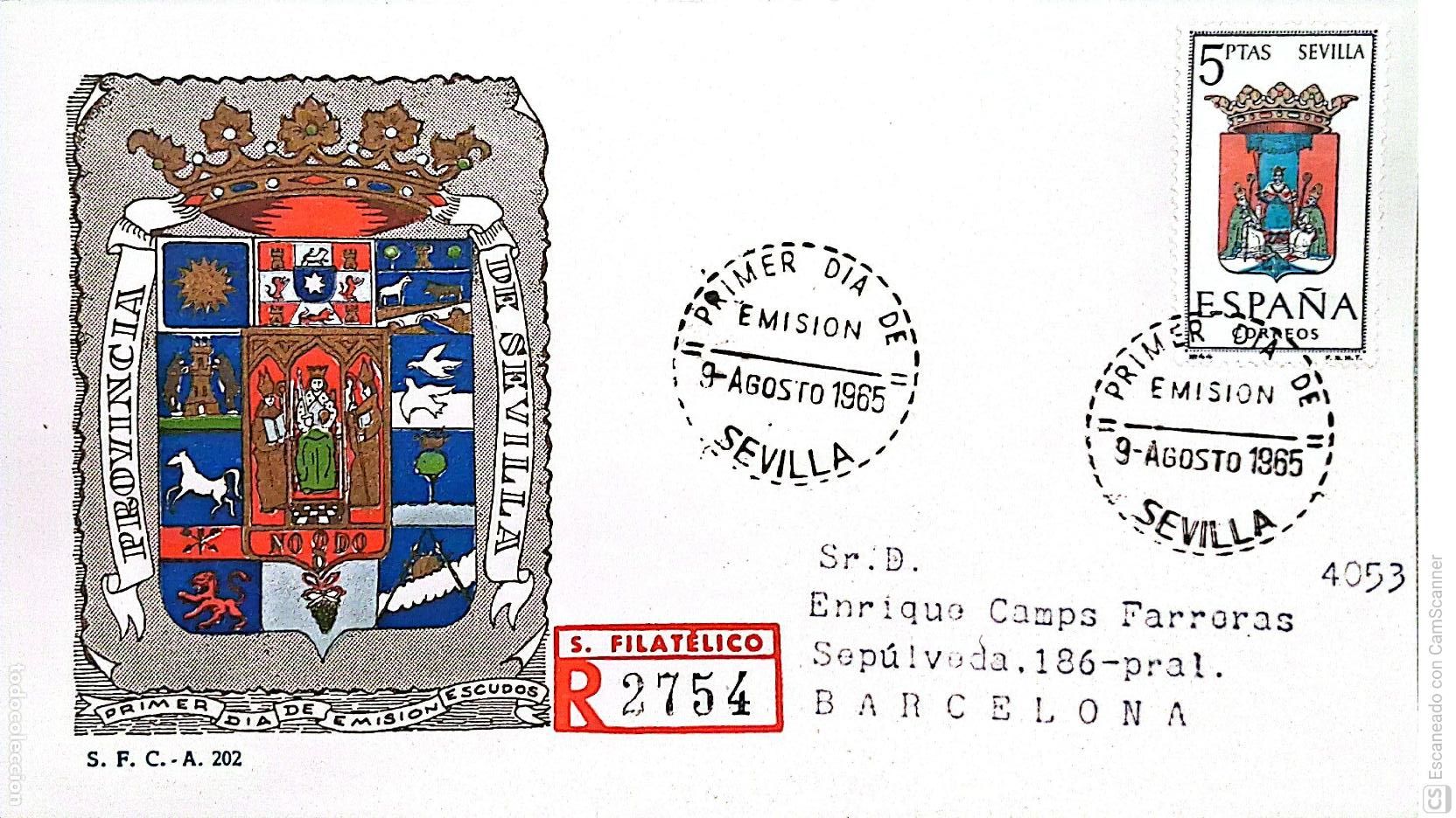 Sellos: Espa&ntilde;a. SPD 1638 Escudo de Sevilla. Matasello Primer D&iacute;a 9-Agosto. 1965 Sevilla. Numeraci&oacute;n Edifil.