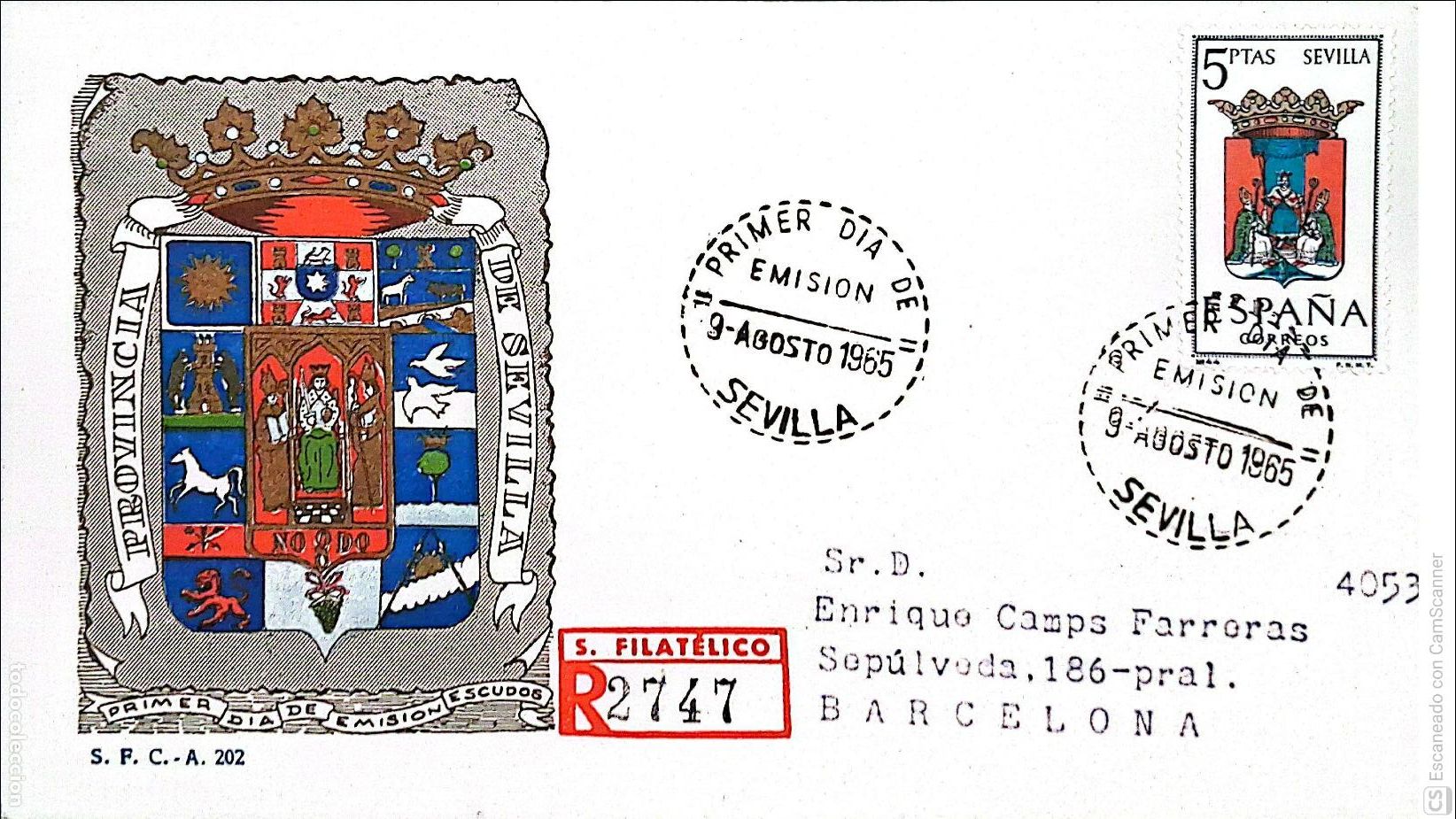 Sellos: Espa&ntilde;a. SPD 1638 Escudo de Sevilla. Matasello Primer D&iacute;a 9-Agosto. 1965 Sevilla. Numeraci&oacute;n Edifil.