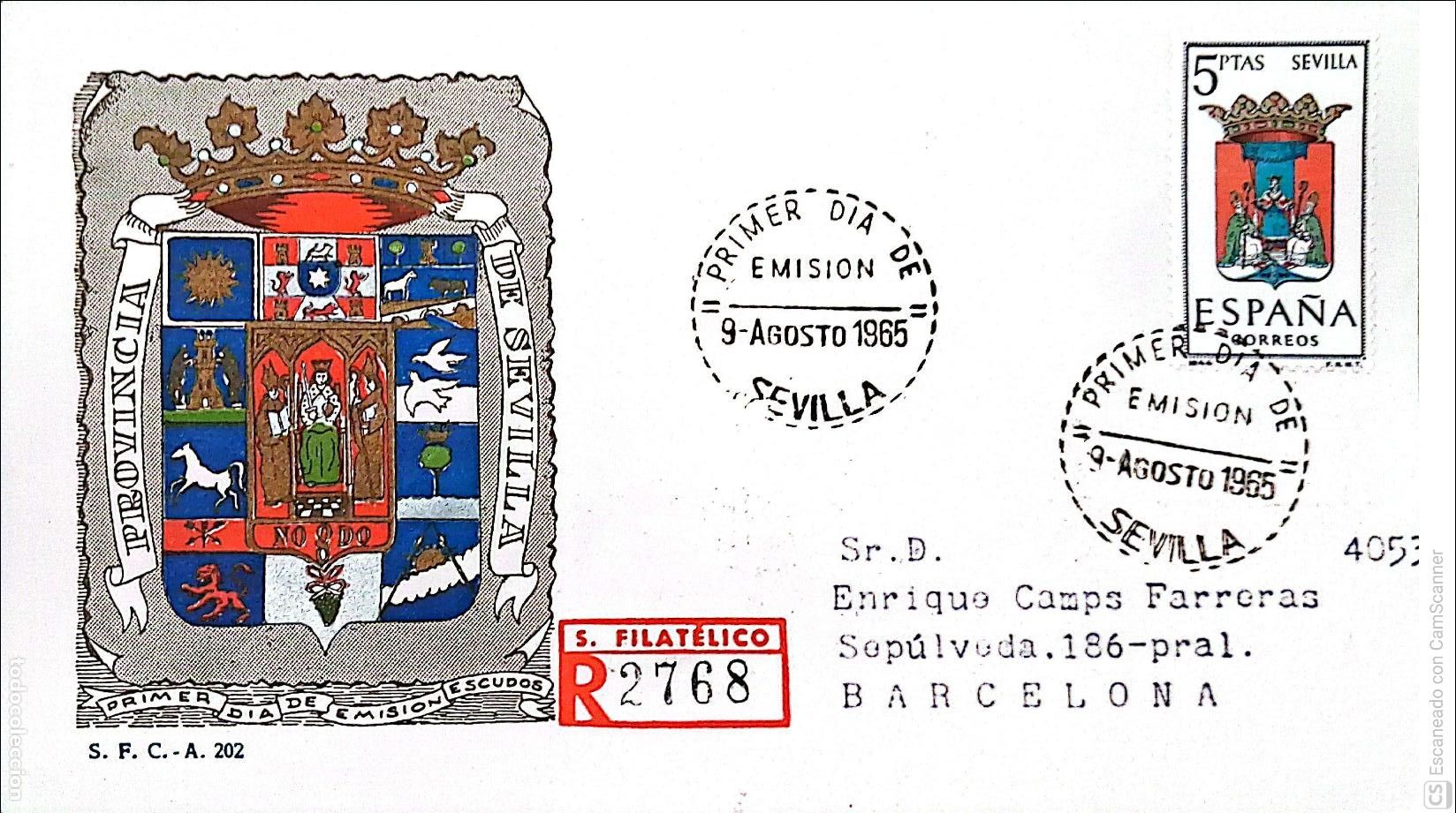 Sellos: Espa&ntilde;a. SPD 1638 Escudo de Sevilla. Matasello Primer D&iacute;a 9-Agosto. 1965 Sevilla. Numeraci&oacute;n Edifil.