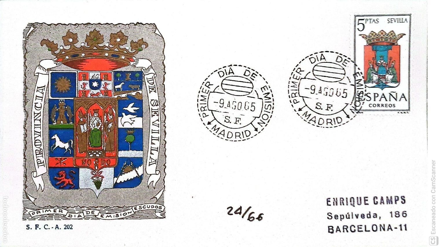 Sellos: Espa&ntilde;a. SPD 1638 Escudo de Sevilla. Matasello Primer D&iacute;a 9-Agosto. 1965 Madrid. Numeraci&oacute;n Edifil.