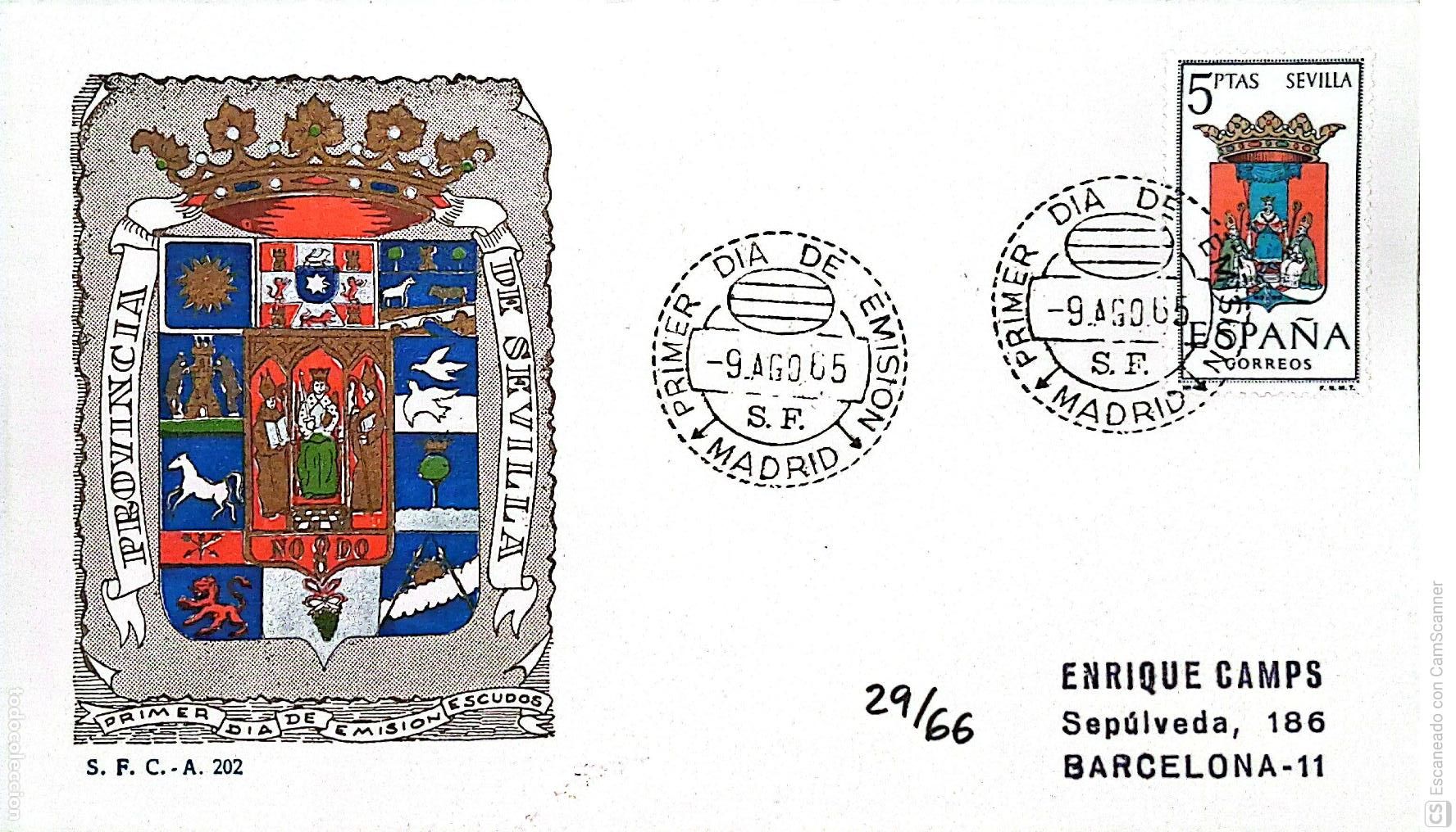 Sellos: Espa&ntilde;a. SPD 1638 Escudo de Sevilla. Matasello Primer D&iacute;a 9-Agosto. 1965 Madrid. Numeraci&oacute;n Edifil.