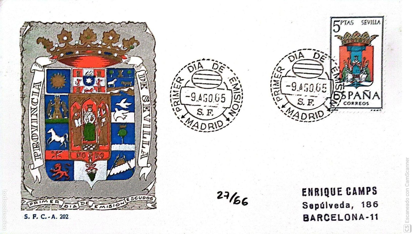 Sellos: Espa&ntilde;a. SPD 1638 Escudo de Sevilla. Matasello Primer D&iacute;a 9-Agosto. 1965 Madrid. Numeraci&oacute;n Edifil.