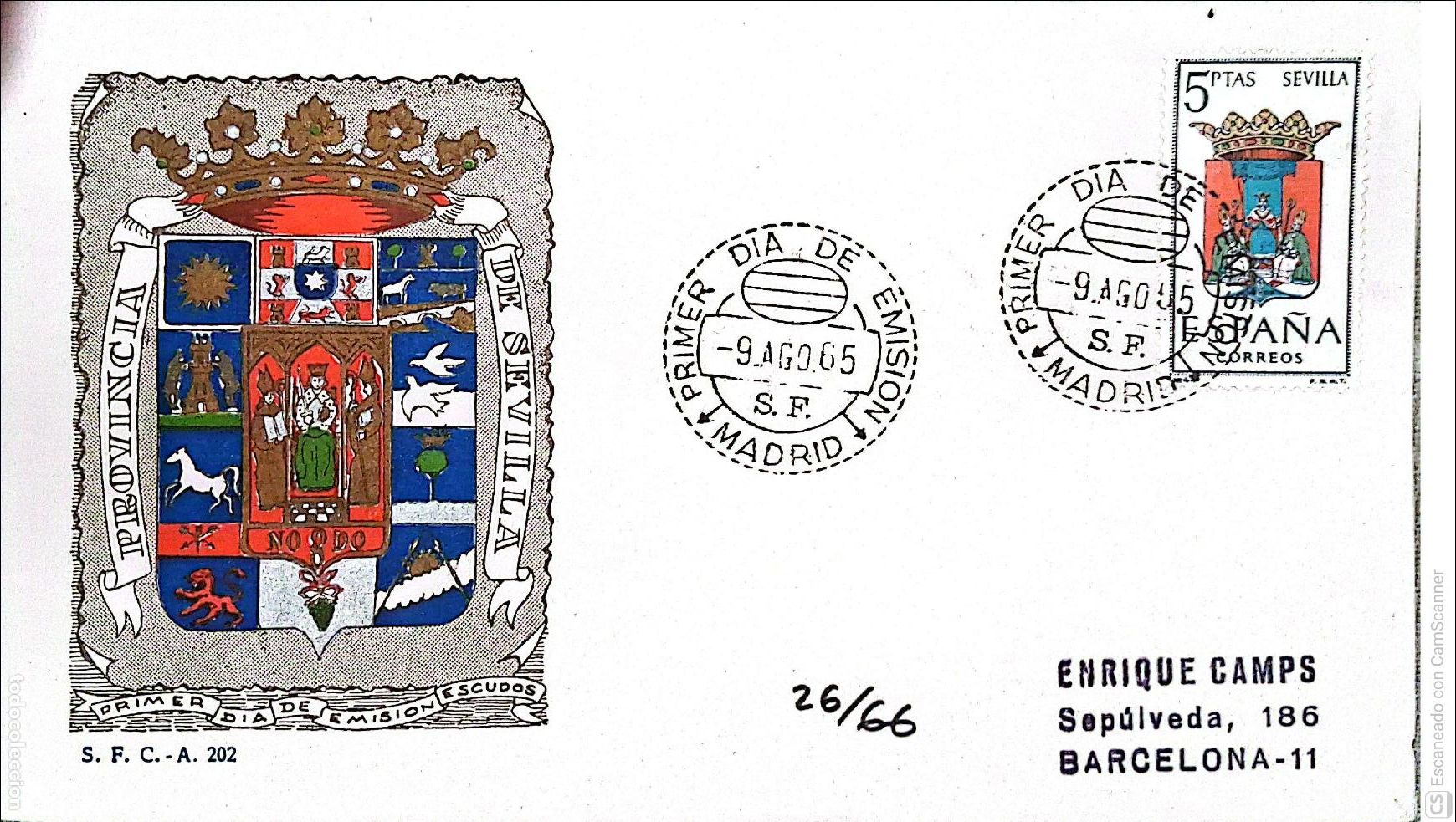 Sellos: Espa&ntilde;a. SPD 1638 Escudo de Sevilla. Matasello Primer D&iacute;a 9-Agosto. 1965 Madrid. Numeraci&oacute;n Edifil.