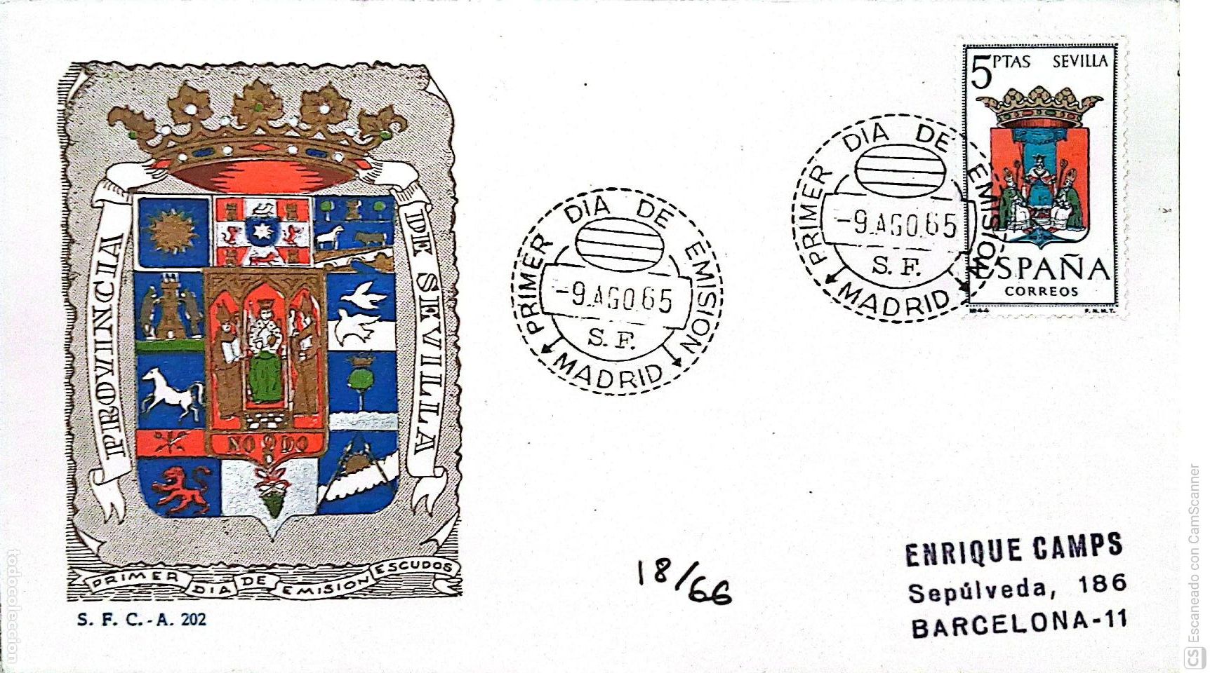 Sellos: Espa&ntilde;a. SPD 1638 Escudo de Sevilla. Matasello Primer D&iacute;a 9-Agosto. 1965 Madrid. Numeraci&oacute;n Edifil.
