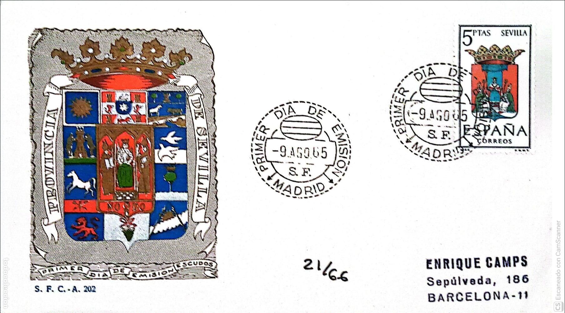 Sellos: Espa&ntilde;a. SPD 1638 Escudo de Sevilla. Matasello Primer D&iacute;a 9-Agosto. 1965 Madrid. Numeraci&oacute;n Edifil.