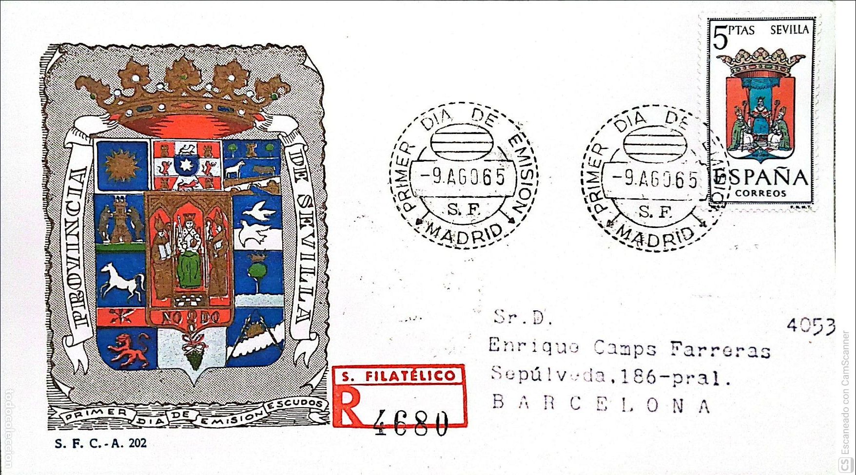 Sellos: Espa&ntilde;a. SPD 1638 Escudo de Sevilla. Matasello Primer D&iacute;a 9-Agosto. 1965 Madrid. Numeraci&oacute;n Edifil.