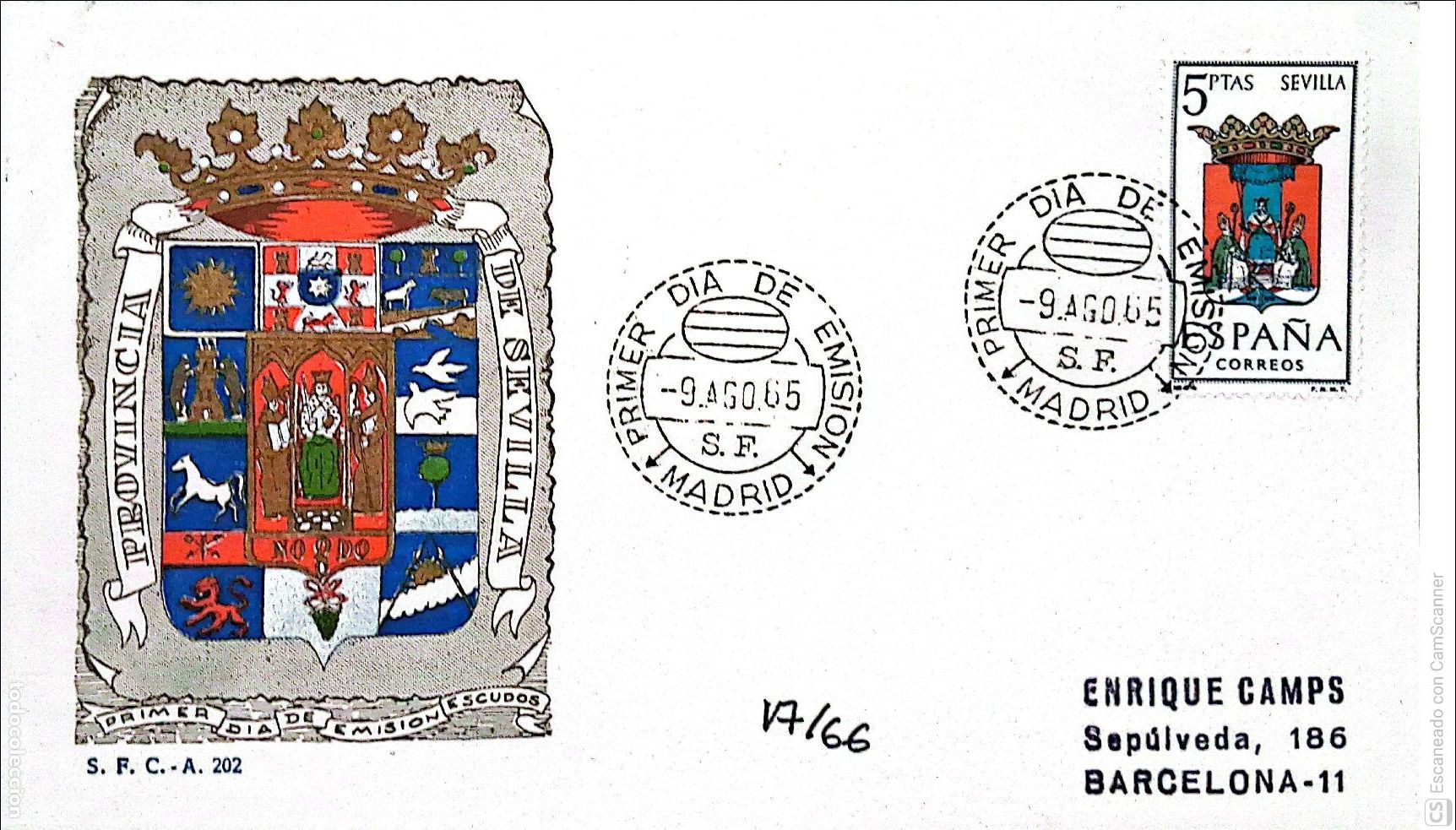 Sellos: Espa&ntilde;a. SPD 1638 Escudo de Sevilla. Matasello Primer D&iacute;a 9-Agosto. 1965 Madrid. Numeraci&oacute;n Edifil.