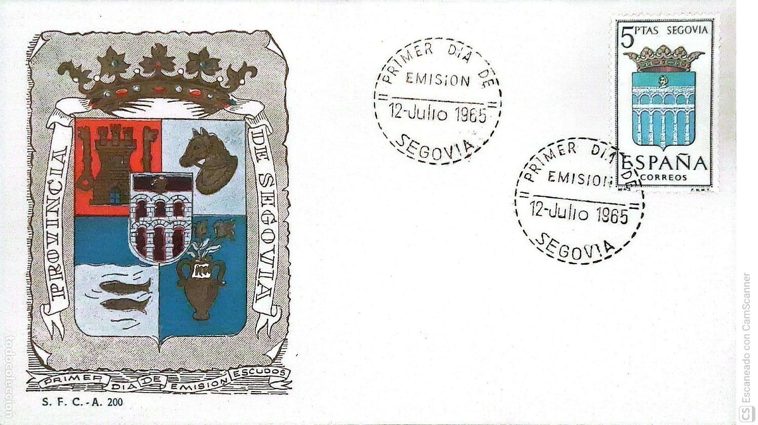 Sellos: Espa&ntilde;a. SPD 1637 Escudo de Segovia. Matasello Primer D&iacute;a 12-Julio. 1965 Segovia. Numeraci&oacute;n Edifil.