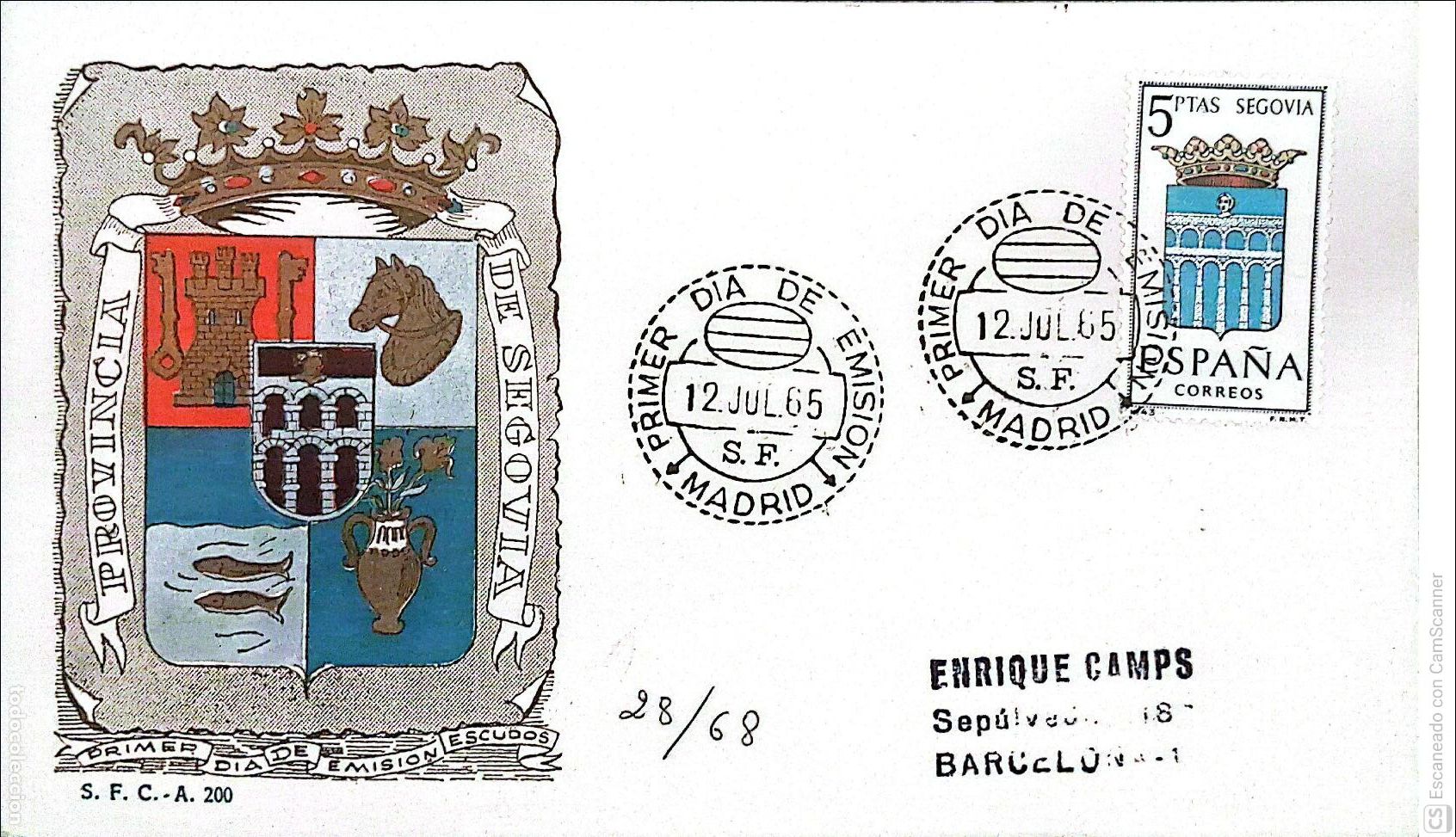Sellos: Espa&ntilde;a. SPD 1637 Escudo de Segovia. Matasello Primer D&iacute;a 12-Julio. 1965 Segovia. Numeraci&oacute;n Edifil.
