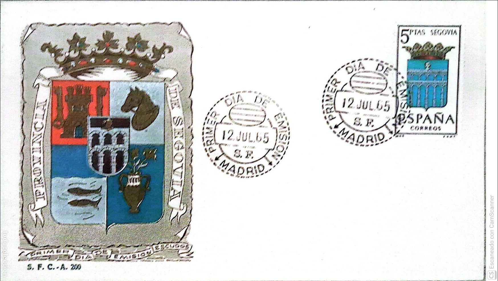 Sellos: Espa&ntilde;a. SPD 1637 Escudo de Segovia. Matasello Primer D&iacute;a 12-Julio. 1965 Madrid. Numeraci&oacute;n Edifil.