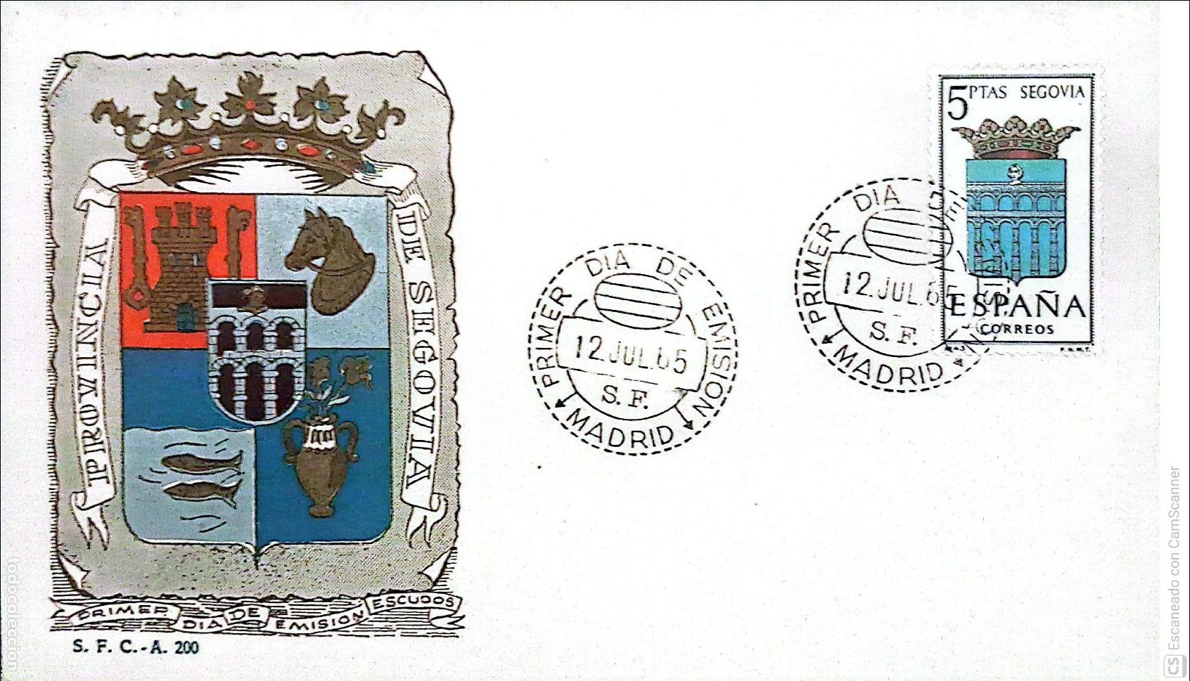 Sellos: Espa&ntilde;a. SPD 1637 Escudo de Segovia. Matasello Primer D&iacute;a 12-Julio. 1965 Madrid. Numeraci&oacute;n Edifil.