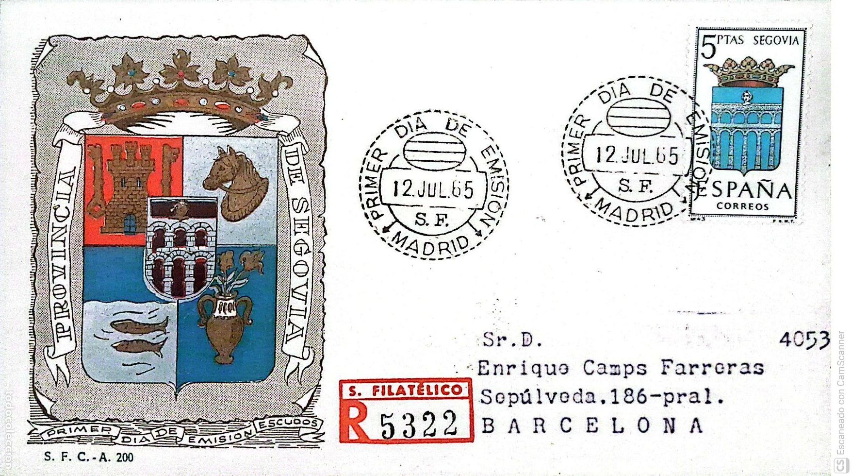 Sellos: Espa&ntilde;a. SPD 1637 Escudo de Segovia. Matasello Primer D&iacute;a 12-Julio. 1965 Madrid. Numeraci&oacute;n Edifil.