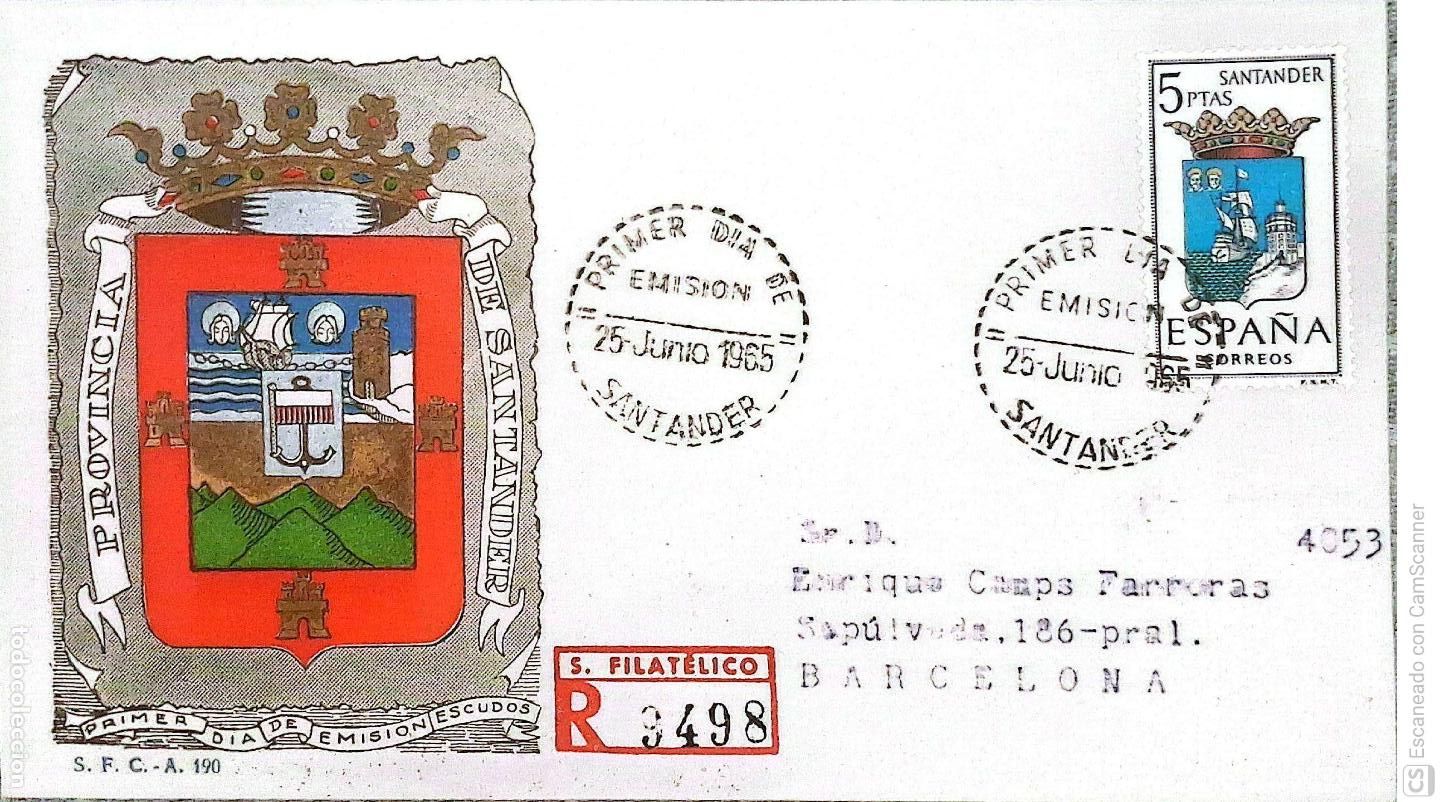 Sellos: Espa&ntilde;a. SPD 1636 Escudo de Santander. Matasello Primer D&iacute;a 25-Junio. 1965 Santander. Numeraci&oacute;n Edif